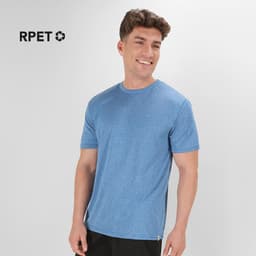 A blue adult T-shirt with short sleeves, featuring a logo on the upper left.