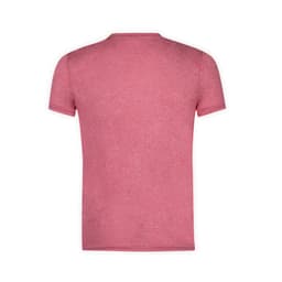 A pink adult T-shirt with a round neck and short sleeves, featuring a logo on the back.