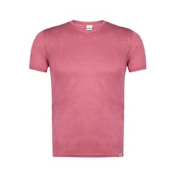A pink adult t-shirt featuring a classic crew neck design and a branding logo on the hem.
