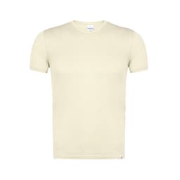 A cream-coloured adult t-shirt with a plain design and a logo at the hem.