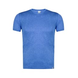 A blue adult t-shirt with a crew neckline and short sleeves, featuring a small logo at the bottom.