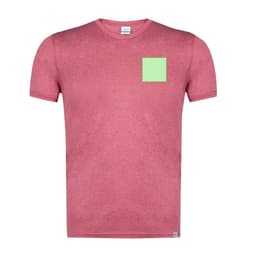 A red adult T-shirt featuring a square patch on the front. The shirt has a logo on the collar.
