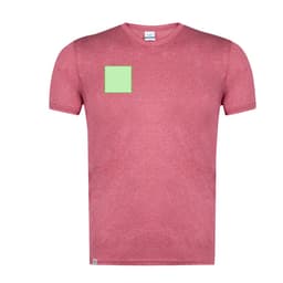 A red adult T-shirt featuring a green square on the front and a logo on the label.