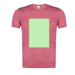 A red adult T-shirt featuring a blank green rectangular area in the centre. The shirt has a logo on the label.