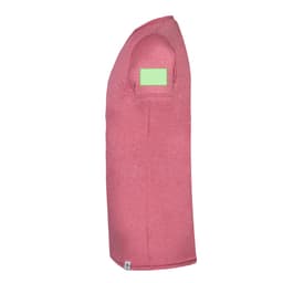 A side view of a pink adult t-shirt featuring a logo or branding on the sleeve.
