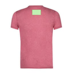 A red adult T-shirt with a short sleeve and a plain green label on the back.