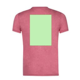 A red adult T-shirt featuring a plain green rectangular area on the back. The shirt has a logo on it.