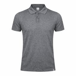 A grey polo shirt with a collar and a button placket, featuring a small logo.