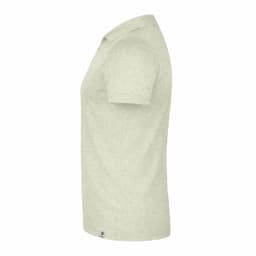 A side view of a light grey Troky polo shirt. The shirt features short sleeves and a collar, with a logo on the hem.