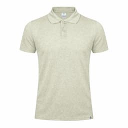 A light grey polo shirt with a collared neck and short sleeves, featuring a logo on the chest.