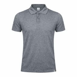 A grey polo shirt with a collar and button detail, featuring a logo on the chest.
