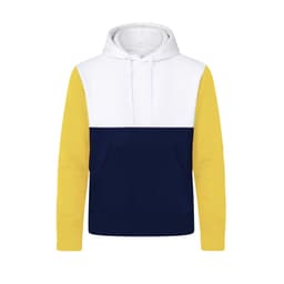 A two-toned hoodie featuring white, navy, and yellow colours, with a front pocket and adjustable drawstring hood.
