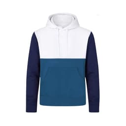 A hoodie featuring a white upper section, teal middle, and navy blue sleeves. It has a front pocket and a logo.