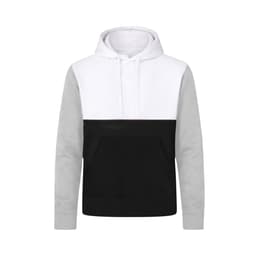 A hoodie featuring a colour-block design in white, grey, and black, with a front pocket and a logo.