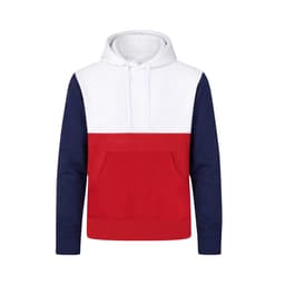 A hoodie featuring a white upper, red centre, and navy blue sleeves, with a front pocket and a logo.