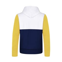A hoodie featuring a white upper section, navy blue middle, and yellow sleeves. It has a logo on the back.