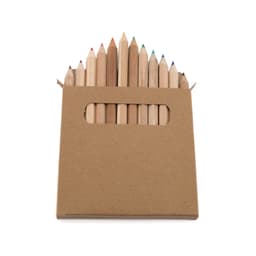 A pencil set in a cardboard case featuring wooden pencils in various colours, topped with pointed tips.