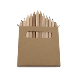 A pencil set featuring assorted wooden pencils in various colours, packaged in a Kraft box with a cut-out handle.
