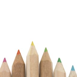 A wooden pencil set featuring six pencils with pointed tips in pink, orange, yellow, green, blue, and natural wood.