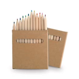 A pencil set featuring multiple wooden pencils in various colours, presented in a cardboard packaging with a handle.