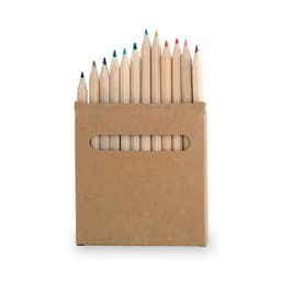 A box of wooden pencils in various colours, featuring a simple cardboard packaging with a cut-out handle.