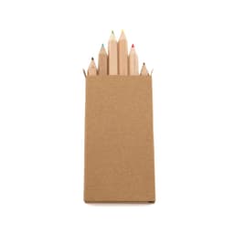 A pencil set featuring six coloured pencils in a simple cardboard box. Pencils have various vibrant hues on their tips.