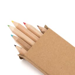 A pencil set featuring six grey-lead pencils in various colours, packaged in a natural cardboard box.