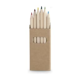 A pencil set with seven coloured pencils in a cardboard holder, featuring red, yellow, blue, and green.