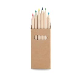 A box containing seven grey-lead pencils in various colours, with a handle cutout on the front.