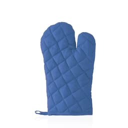 A blue quilted kitchen mitten featuring a hanging loop, designed for heat protection.