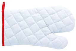 A white kitchen mitten with a red trim, featuring a quilted design for heat protection.