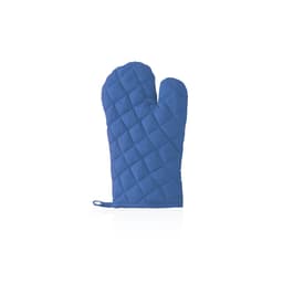 A blue quilted oven mitt with a hanging loop, featuring a diamond pattern for grip and heat protection.