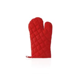 A red oven mitt with a quilted design, featuring a hanging loop for easy storage.