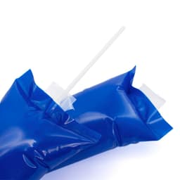 Two blue cheering sticks with clear straws and a logo printed on one side.