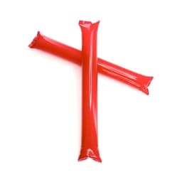 Two red inflatable sticks crossed over each other, featuring a glossy finish. The product includes a logo.