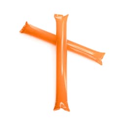 Two orange inflatable sticks crossed over each other, made of a glossy material. The item features a logo.