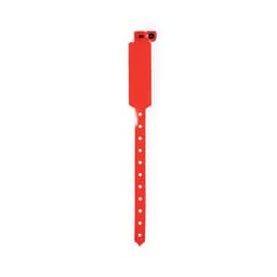 A red silicone wristband with a rectangular tag and multiple holes for size adjustment, featuring a logo.