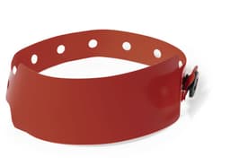 A red silicone wristband with multiple holes for fastening and an adjustable strap.