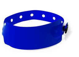 A blue silicon wristband with multiple holes for adjusting size and a fastening mechanism. It features a logo.