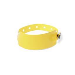 A yellow silicon wristband with multiple holes and a secure buckle for adjustable sizing. It features a logo.