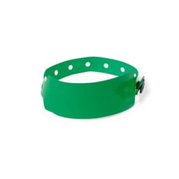 A green silicon wristband with adjustable fastening and multiple holes for sizing.