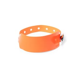 An orange silicon wristband with adjustable holes and a fastening clip. It features a logo.