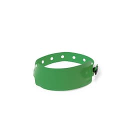 A green silicone wristband with multiple holes and a black adjustable clasp. It features a logo.