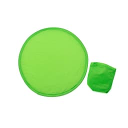 A green frisbee with a matching storage pouch, neatly folded beside it. The frisbee features a simple design.