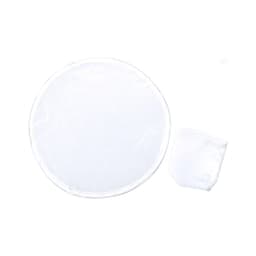 A clear, round frisbee with a white border, accompanied by a small storage pouch.