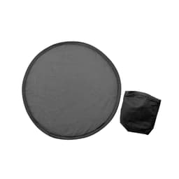 A round black frisbee alongside a matching storage pouch. The frisbee is flat and circular in shape.