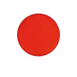 A red frisbee with a smooth surface and a round shape, featuring a logo on one side.