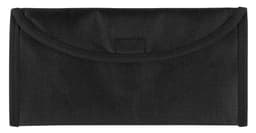 A black travel document holder featuring a fold-over flap and textured surface, equipped with a logo.
