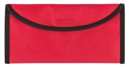 A red travel document holder with a black trim and a logo, designed to keep documents organised.