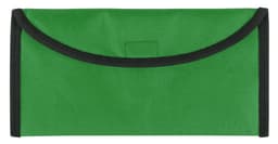 A green travel document holder with a black trim and rounded flap. Features a logo on the front.